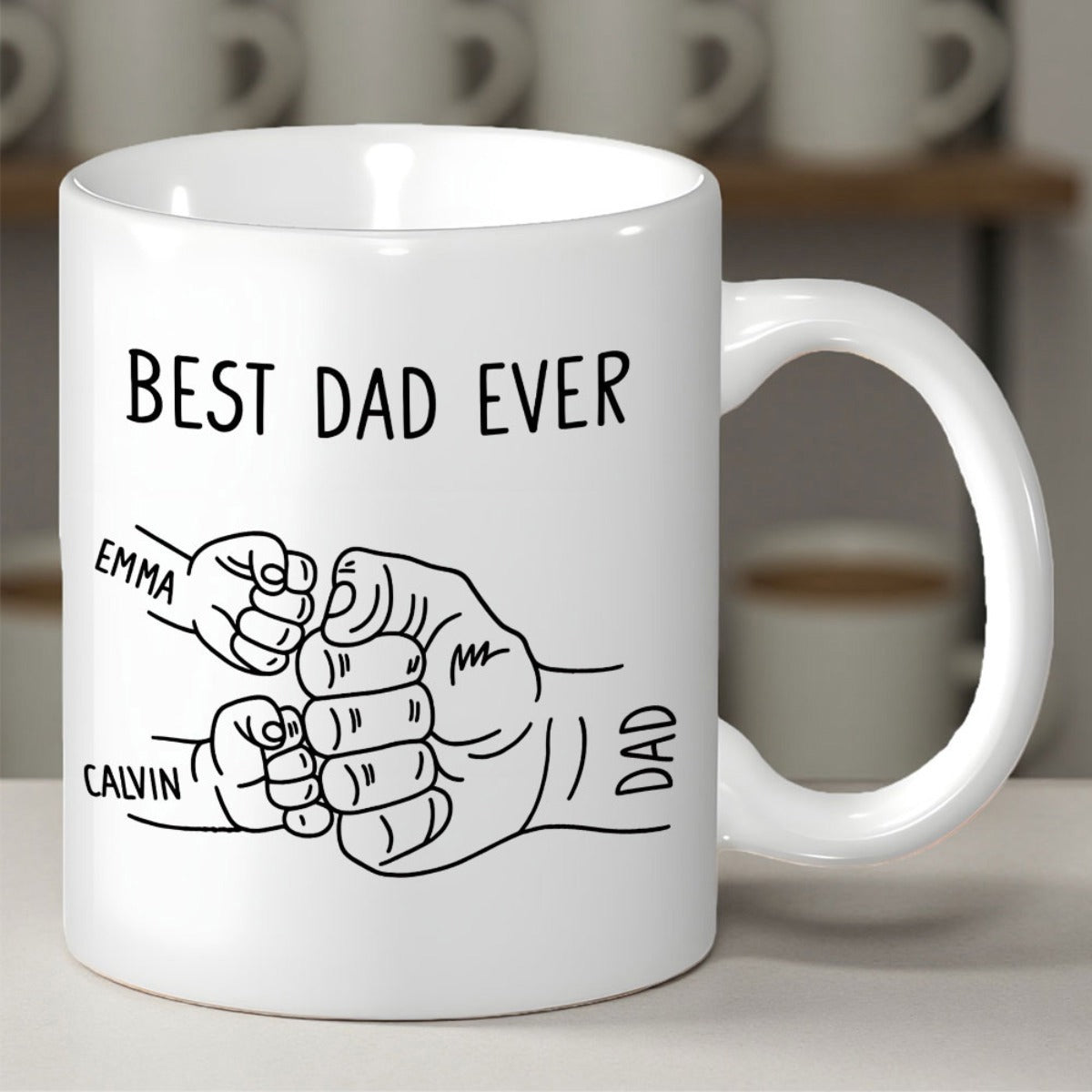 Tailorly White Ceramic 11 oz Mug - Best Dad Ever Minimalist Line Art Fists Bumping Together In A Family Gesture Fist