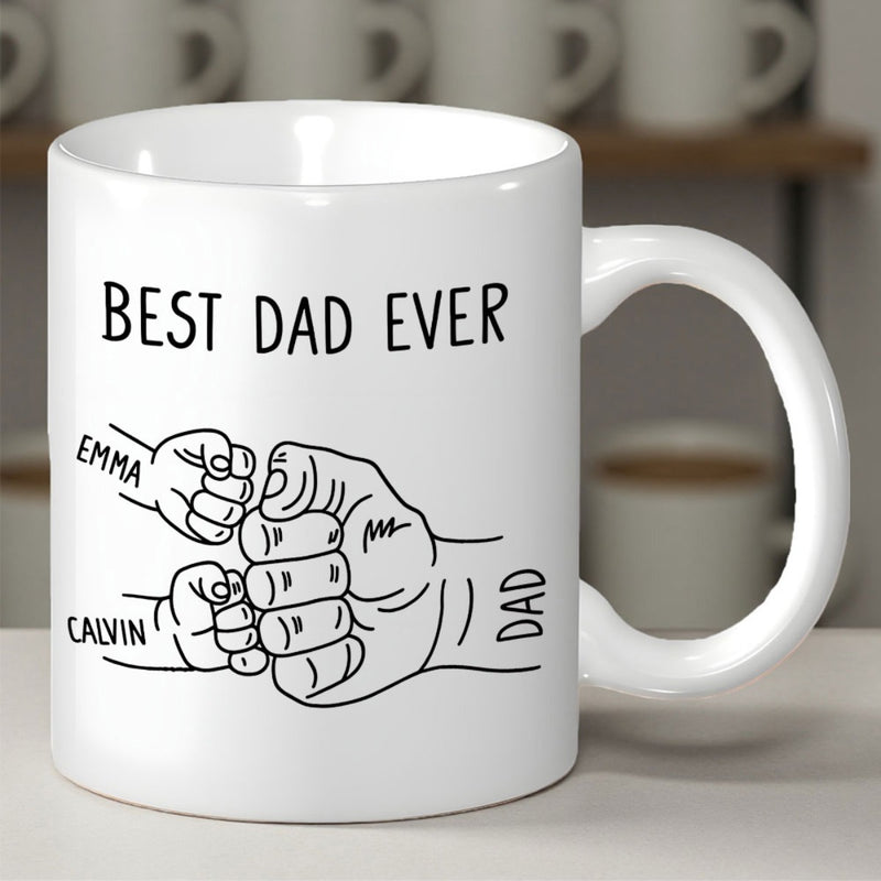 Tailorly White Ceramic 11 oz Mug - Best Dad Ever Minimalist Line Art Fists Bumping Together In A Family Gesture Fist