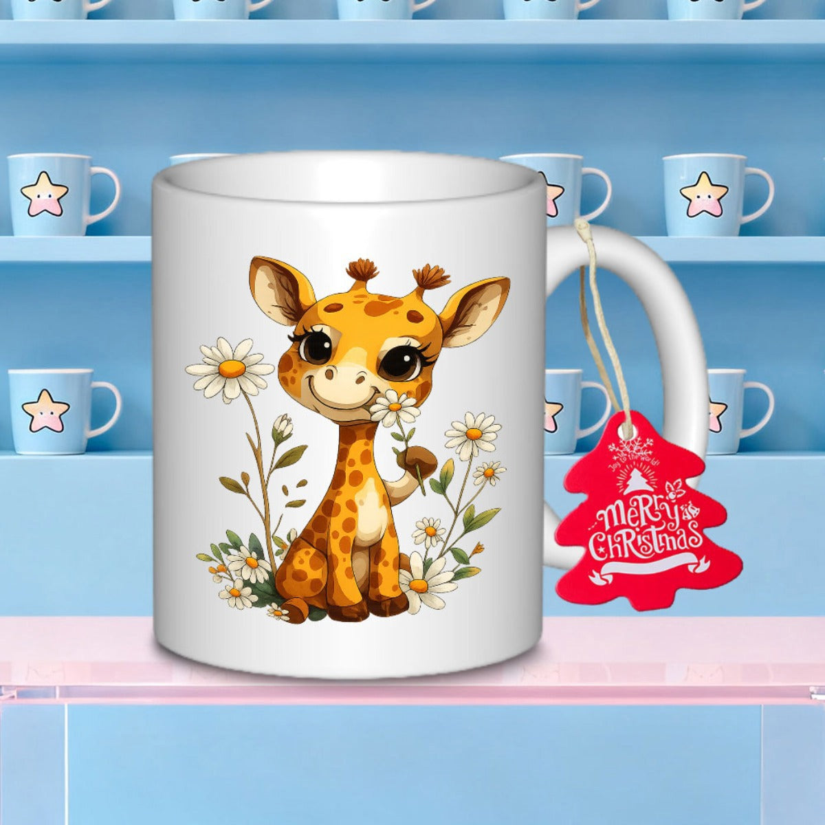 Tailorly White Ceramic 11 oz Mug - Merry Christmas Adorable Baby Giraffe Sitting Among Blooming White Daisy Flowers Giraffe