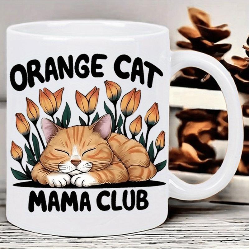 Tailorly White Ceramic 11 oz Mug - Orange Cat Mama Club Adorable Sleeping Ginger Tabby Among Blooming Orange Spring Tulips Floral Cat