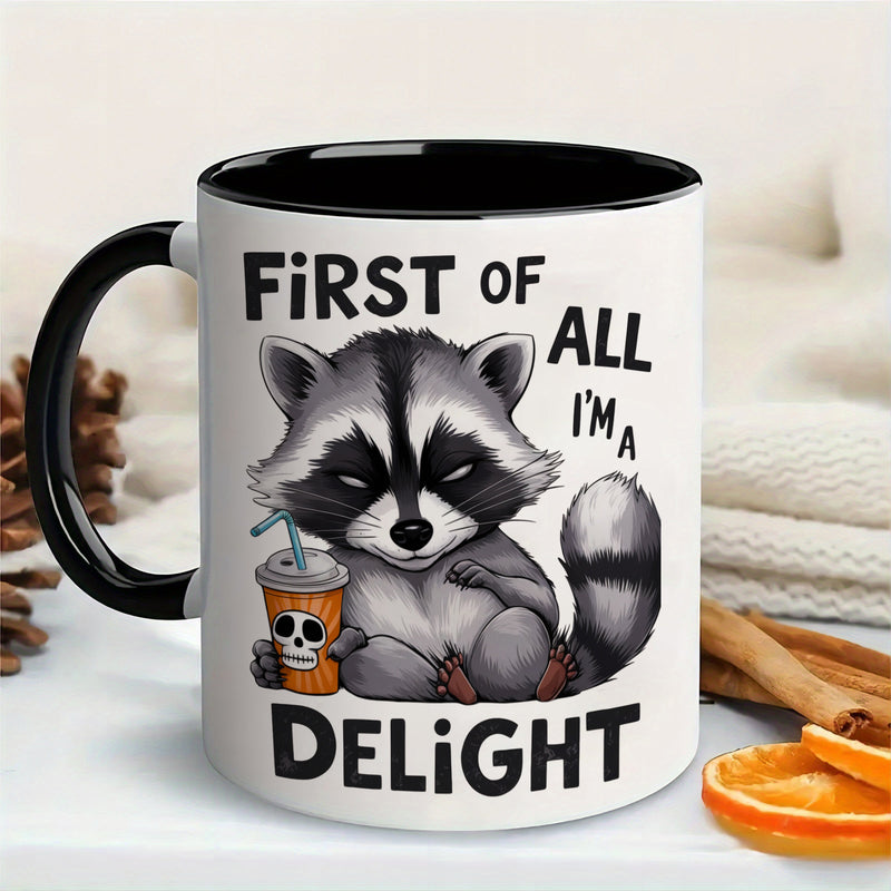 Tailorly Black Accent 11 oz Mug - cute raccoon skull holding cup design