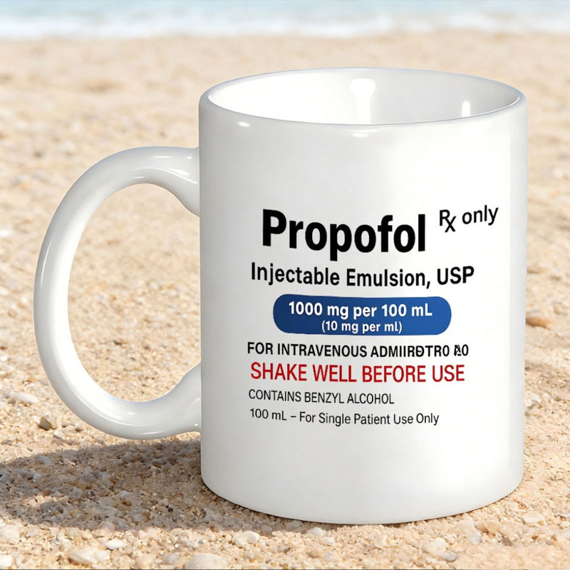 Tailorly White Ceramic 11 oz Mug - Propofol Injectable Emulsion Usp Shake Well Before Use Professional Medical Pharmaceutical Bottle Label Pattern Layout Design