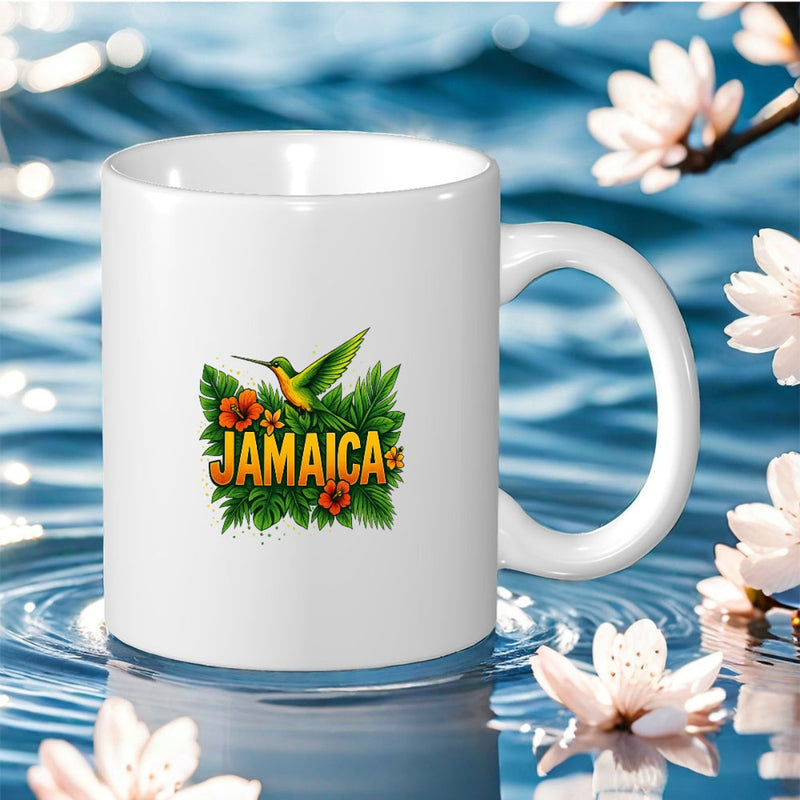 Tailorly White Ceramic 11 oz Mug - Jamaica Vibrant Hummingbird Hovering Over Lush Tropical Foliage And Flowers Mug