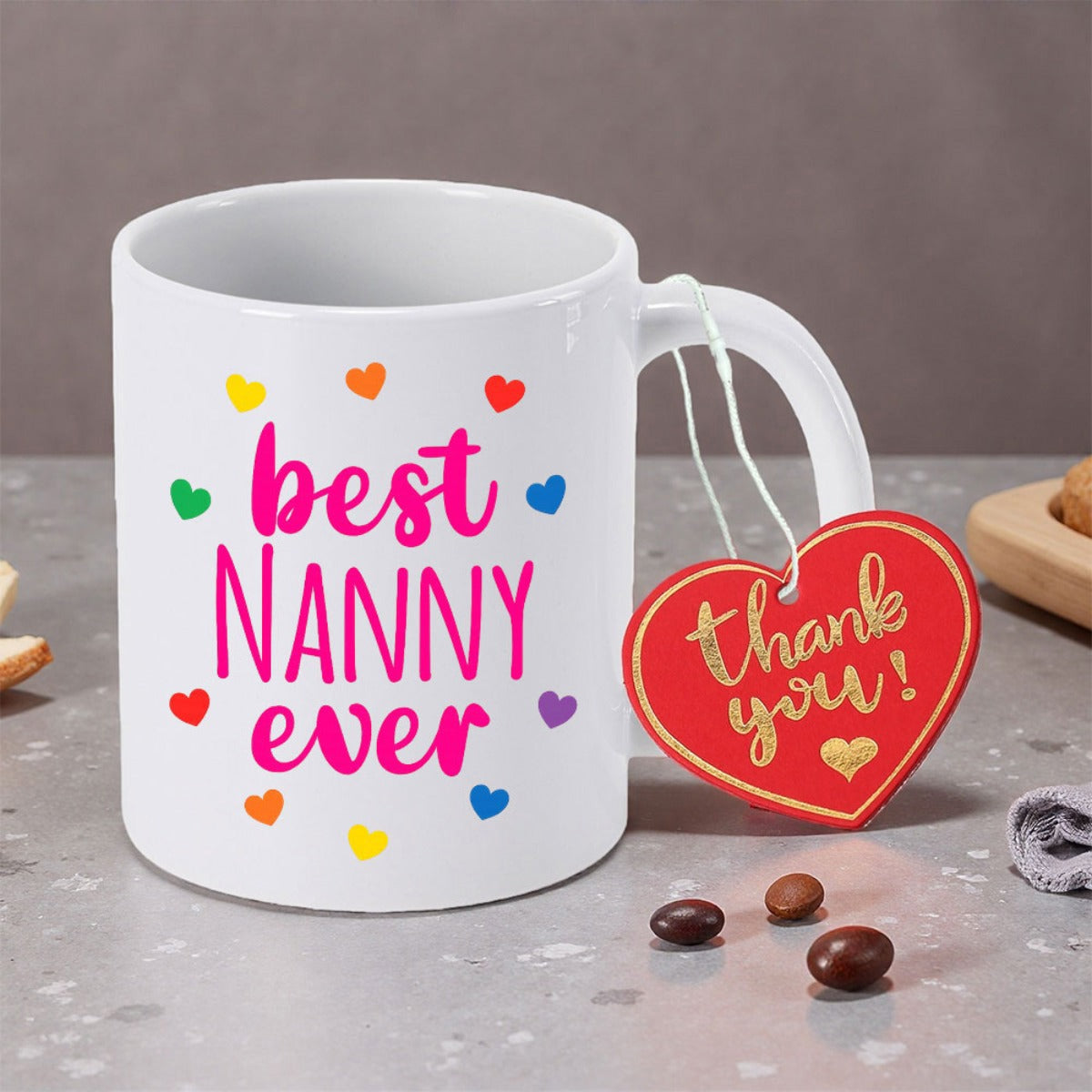 Tailorly White Ceramic 11 oz Mug - Best Nanny Ever Colorful Hearts Scattered Around Stylized Pink And Purple Typography Mug