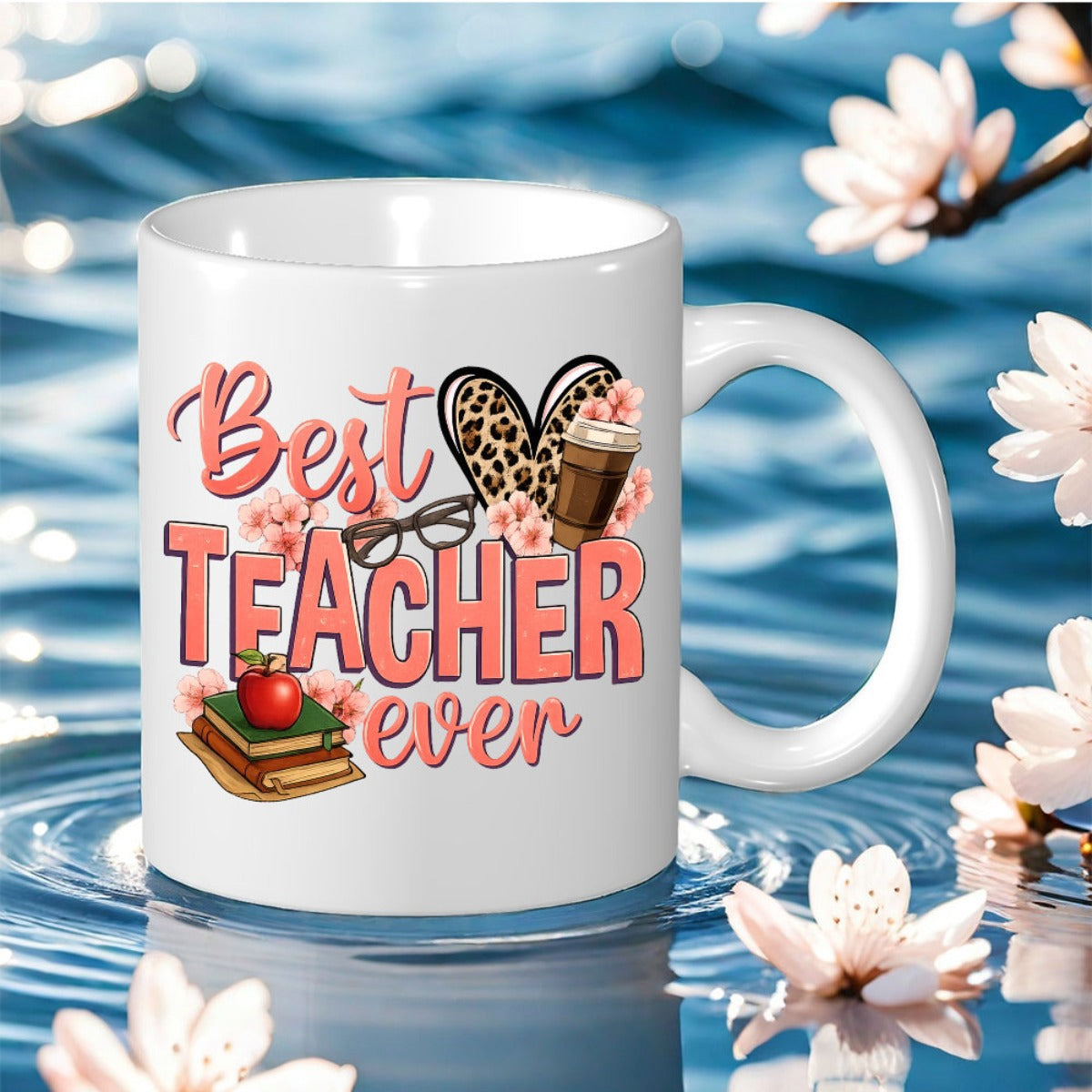 Tailorly White Ceramic 11 oz Mug - Best Teacher Ever Decorative Leopard Print Among School Books And Coffee Cup Heart