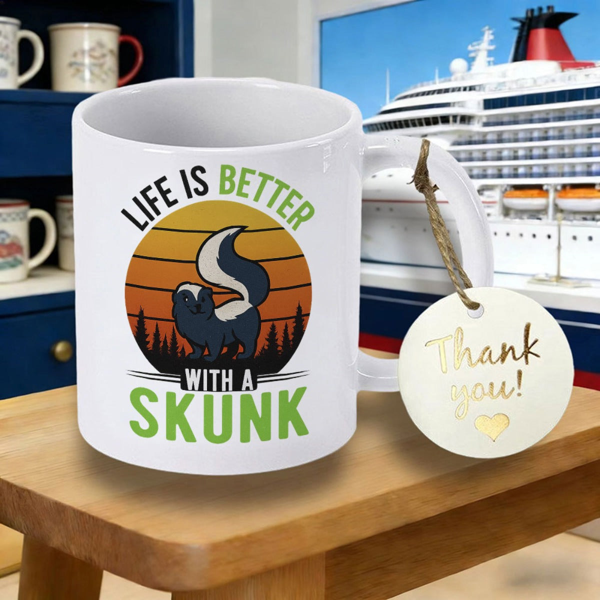 Tailorly White Ceramic 11 oz Mug - Life Is Better With A Skunk Retro Vintage Sunset With Forest Silhouettes Behind A Cute Small Skunk