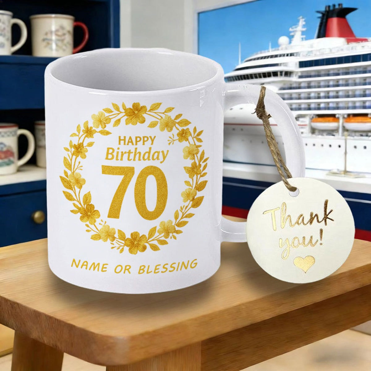 Tailorly White Ceramic 11 oz Mug - Happy Birthday 70 Name Or Blessing Golden Floral Wreath Encircling Age Number On