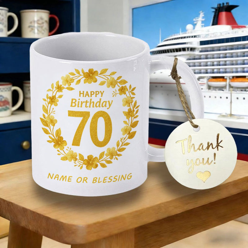 Tailorly White Ceramic 11 oz Mug - Happy Birthday 70 Name Or Blessing Golden Floral Wreath Encircling Age Number On