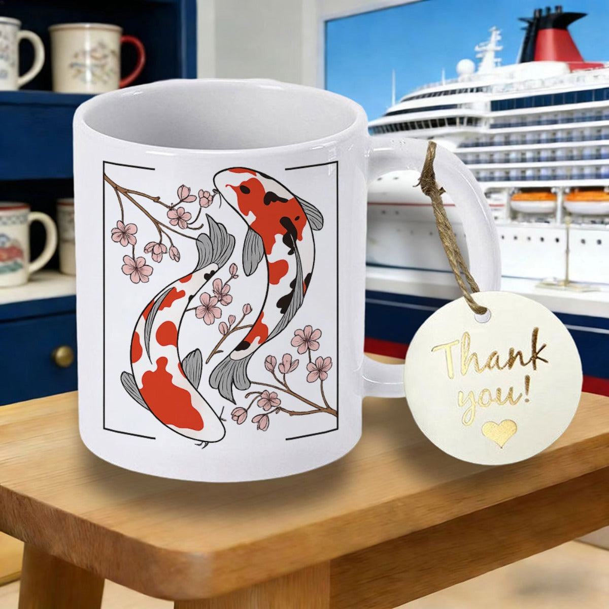 Tailorly White Ceramic 11 oz Mug - Thank You Graceful Orange And White Swimming Fishes Among Delicate Blooming Cherry Blossoms Koi