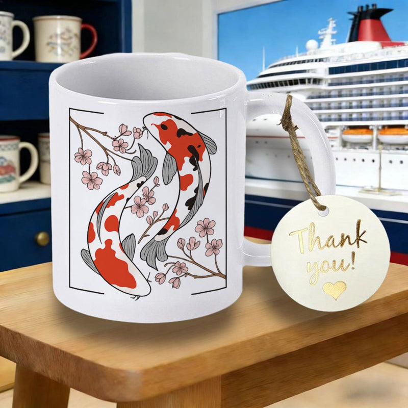 Tailorly White Ceramic 11 oz Mug - Thank You Graceful Orange And White Swimming Fishes Among Delicate Blooming Cherry Blossoms Koi