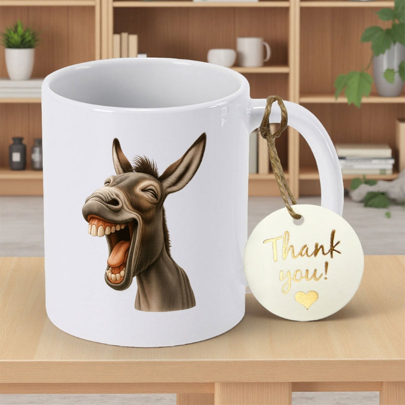 Tailorly White Ceramic 11 oz Mug - Thank You Funny Realistic Laughing Farm Animal With Wide Open Mouth Donkey