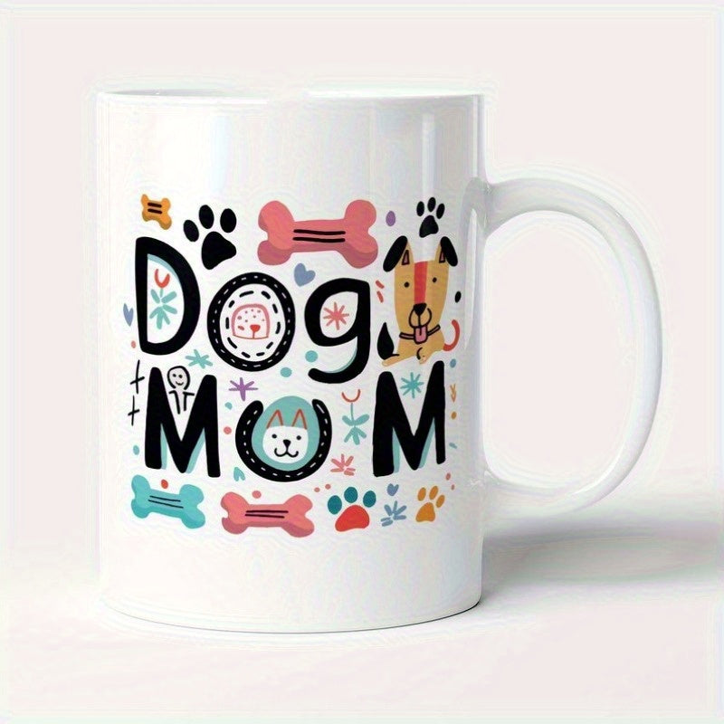 Tailorly White Ceramic 11 oz Mug - Dog Mom Playful Paw Prints And Little Bones Among Colorful Artistic Doodles Dog