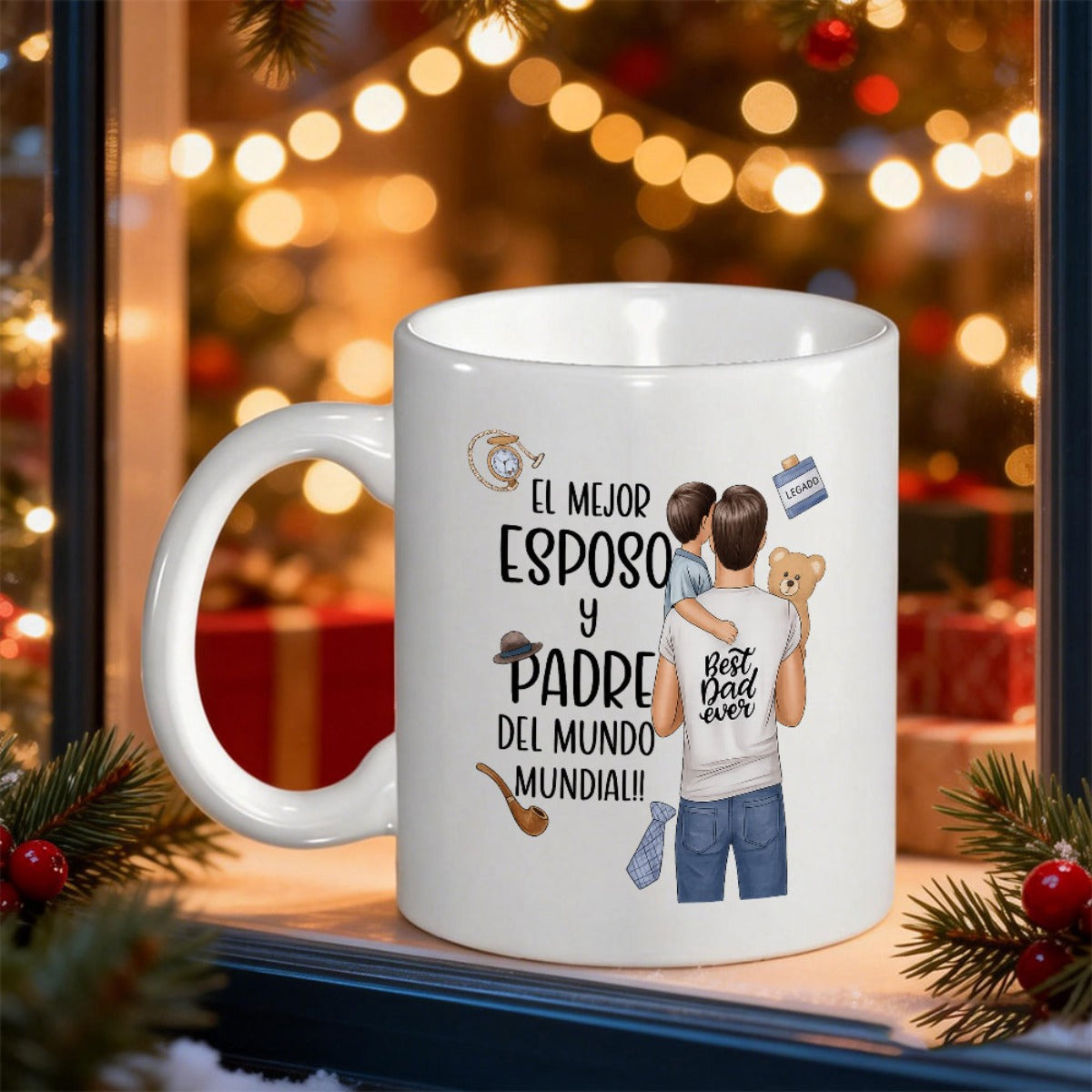 Tailorly White Ceramic 11 oz Mug - Best Dad Ever Loving Father Carrying Young Son On His Back Warm Illustration Father