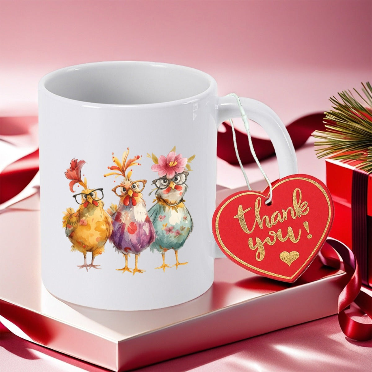 Tailorly White Ceramic 11 oz Mug - Thank You Three Whimsical Watercolor Chickens Wearing Glasses And Flowers Chicken