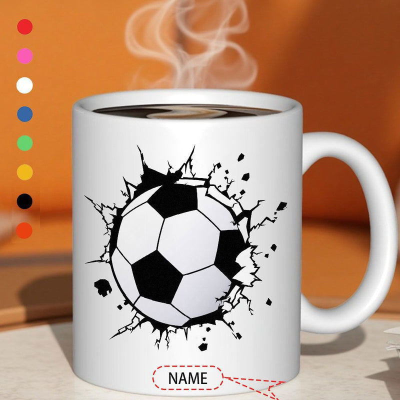 Tailorly White Ceramic 11 oz Mug - Action Packed Sports Design With Realistic Cracks And Splashing Ink Fragments Soccer Ball