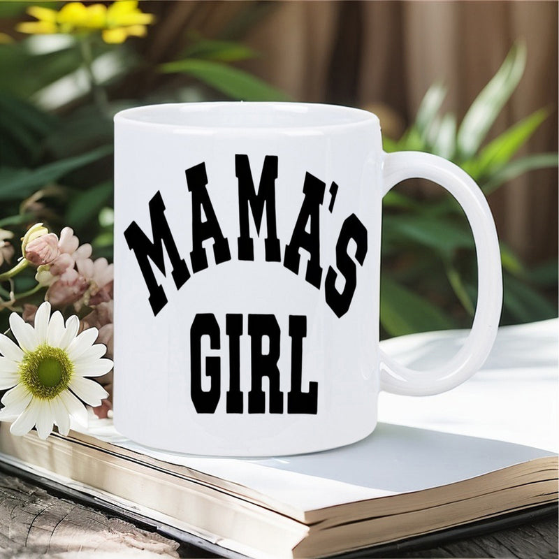 Tailorly White Ceramic 11 oz Mug - Mamas Girl Classic Bold Black Collegiate Lettering Centered On Pristine