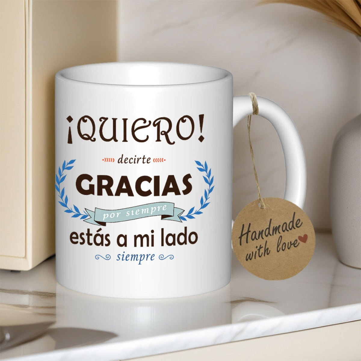 Tailorly White Ceramic 11 oz Mug - Handmade With Love Decorative Laurel Wreaths And Elegant Blue Ribbon Sentimental Sign