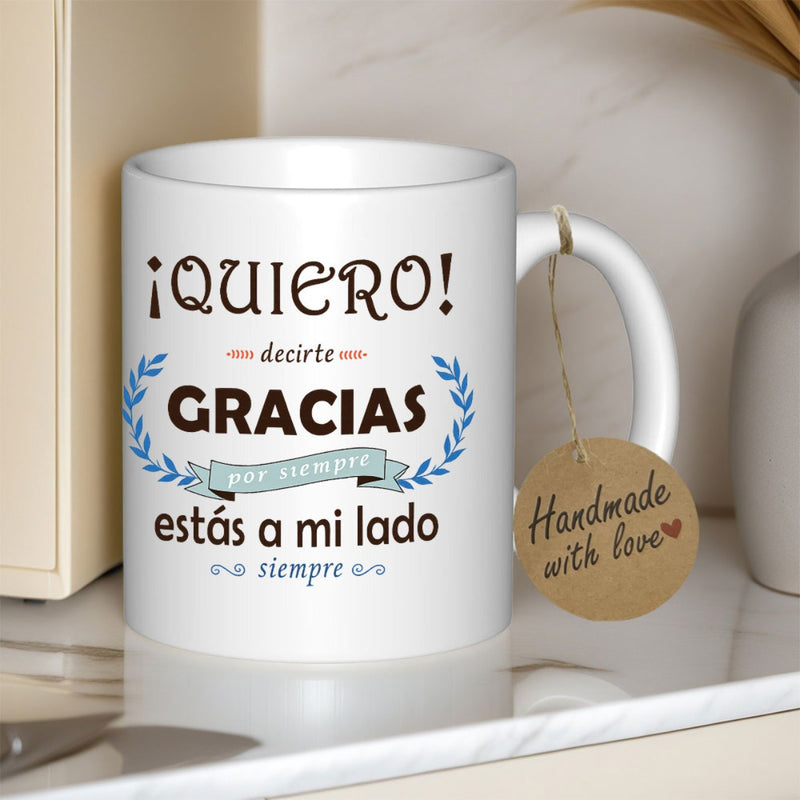 Tailorly White Ceramic 11 oz Mug - Handmade With Love Decorative Laurel Wreaths And Elegant Blue Ribbon Sentimental Sign