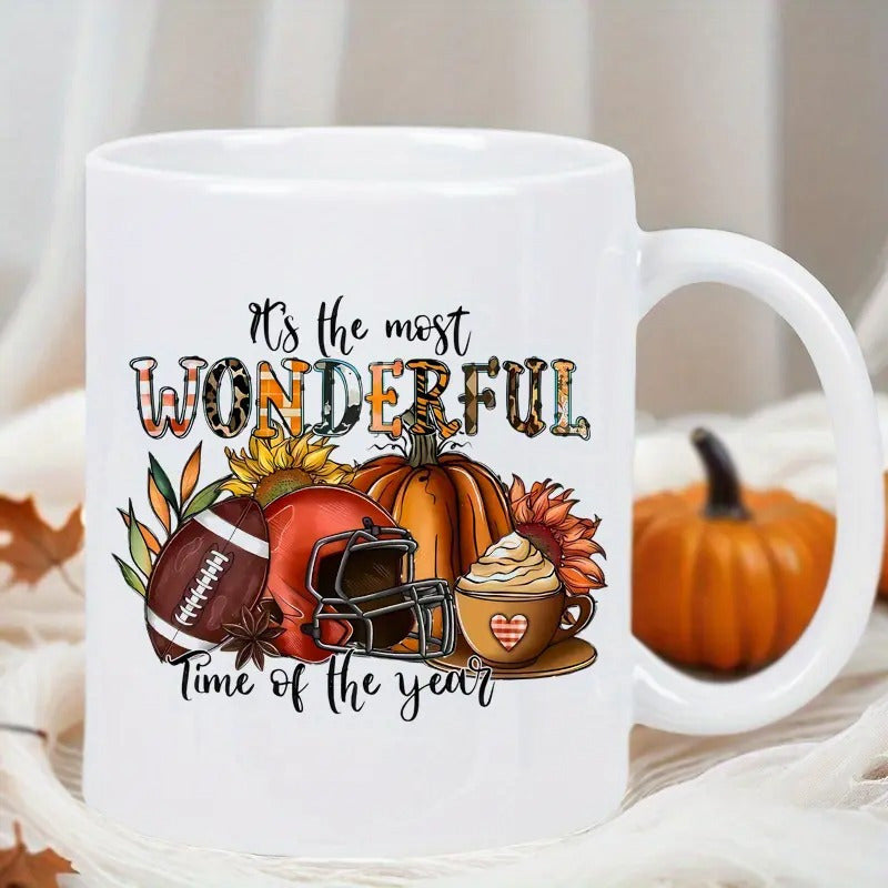 Tailorly White Ceramic 11 oz Mug - Its The Most Wonderful Time Of The Year Autumn Harvest Pumpkin With Football Helmet And Sunflower Among Coffee Mug