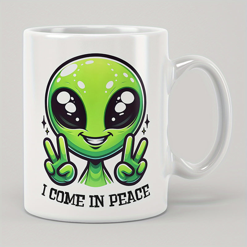 Tailorly White Ceramic 11 oz Mug - I Come In Peace Friendly Smiling Green Extraterrestrial Character Making Peace Signs Alien