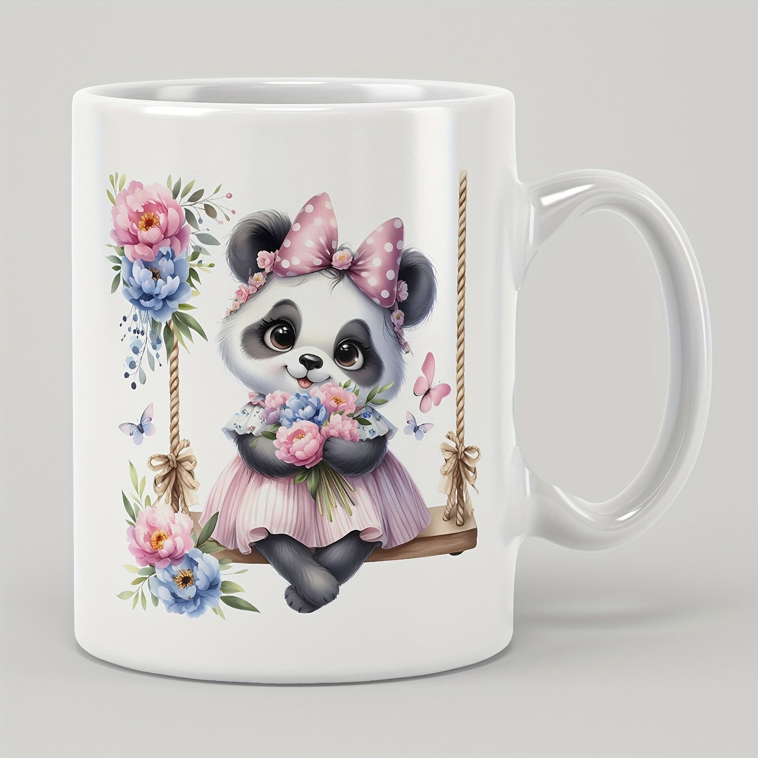 Tailorly White Ceramic 11 oz Mug - Adorable Character Sitting On Swing Among Pink Blossoms With Delicate Butterfly Panda