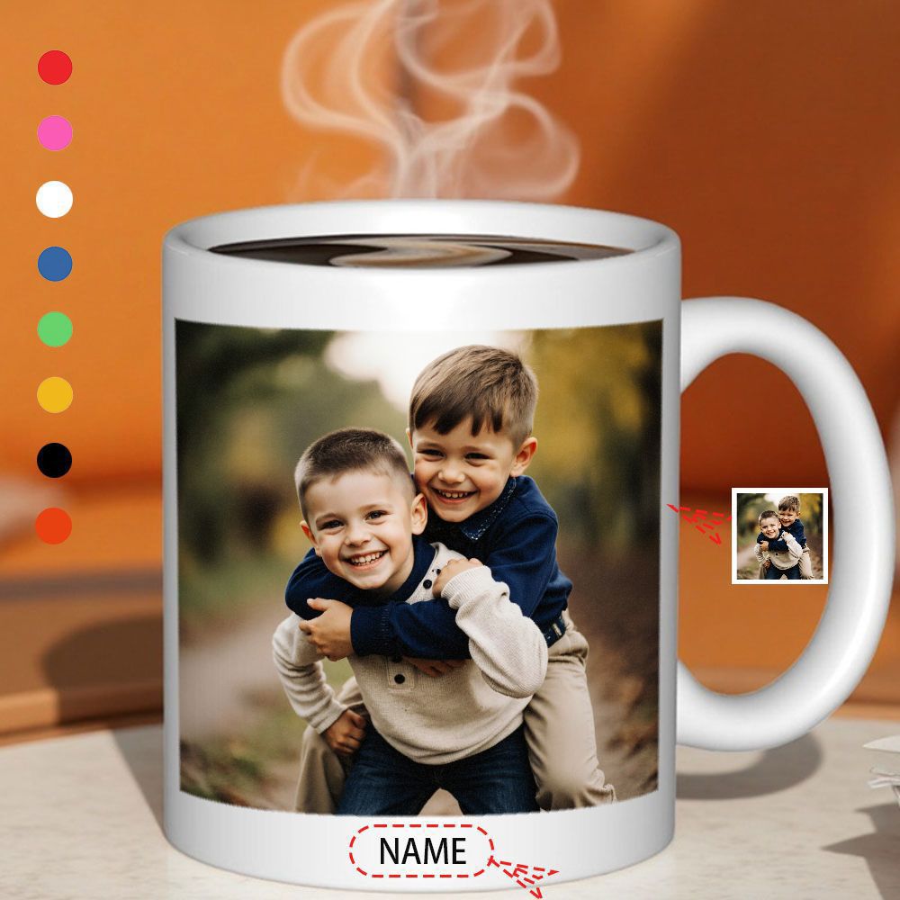 Tailorly White Ceramic 11 oz Mug - Name Two Joyful Smiling Boys Playing Together In A Sunny Autumn Forest Children