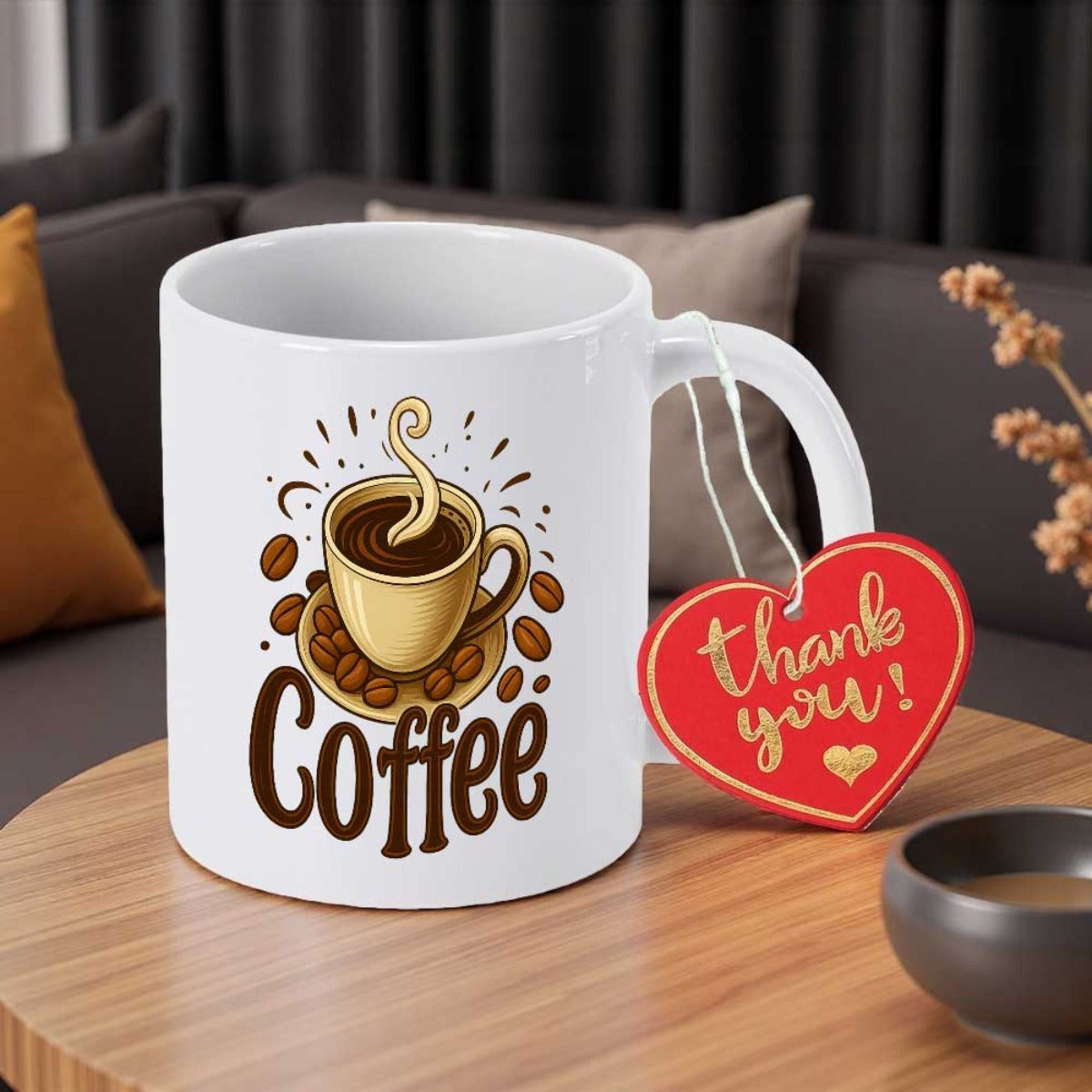 Tailorly White Ceramic 11 oz Mug - Coffee Thank You Rich Aromatic Steaming Hot Brew With Scattered Roasted Brown Beans Cup