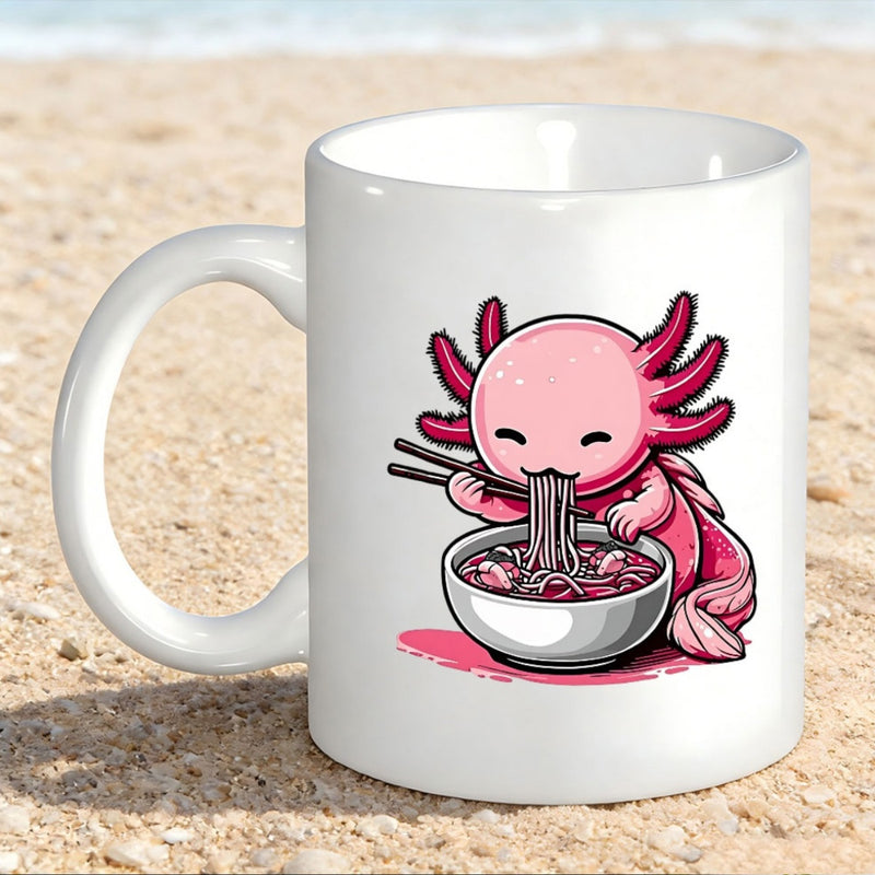 Tailorly White Ceramic 11 oz Mug - Cute Pink Cartoon Axolotl Happily Eating Ramen Noodles From Bowl Axolotl