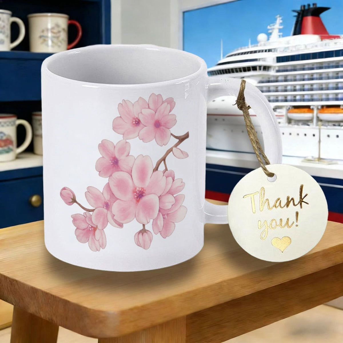 Tailorly White Ceramic 11 oz Mug - Thank You Beautiful Pink Watercolor Petals Growing From A Gentle Spring Branch Cherry Blossom