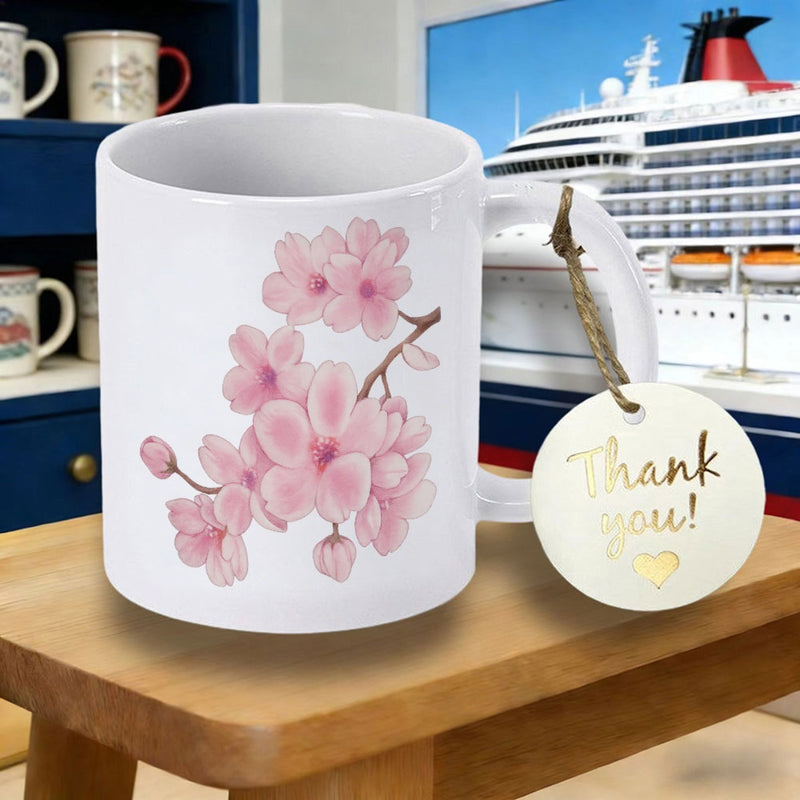 Tailorly White Ceramic 11 oz Mug - Thank You Beautiful Pink Watercolor Petals Growing From A Gentle Spring Branch Cherry Blossom