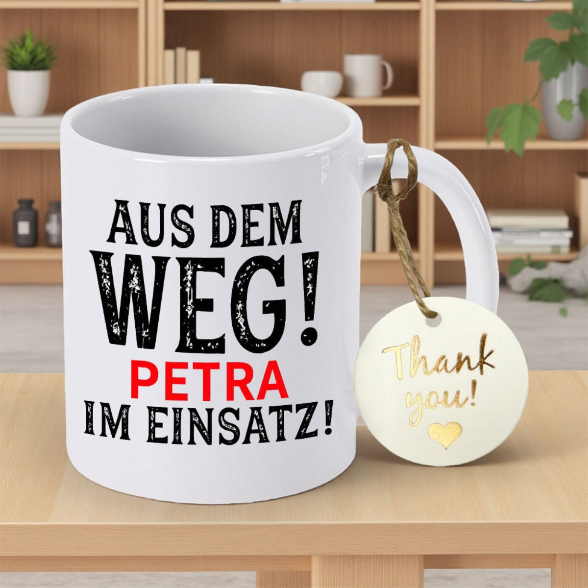 Tailorly White Ceramic 11 oz Mug - Thank You Clean White Ceramic Vessel Resting Upon A Light Wooden Table Mug
