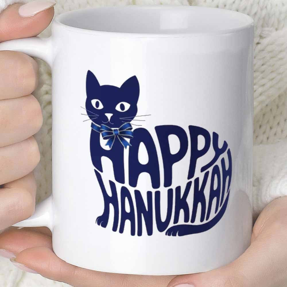 Tailorly White Ceramic 11 oz Mug - Happy Hanukkah Minimalist Elegant Navy Blue Feline Silhouette Sitting In Peaceful Festive Pose Cat