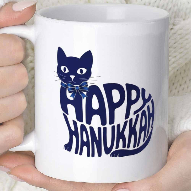 Tailorly White Ceramic 11 oz Mug - Happy Hanukkah Minimalist Elegant Navy Blue Feline Silhouette Sitting In Peaceful Festive Pose Cat
