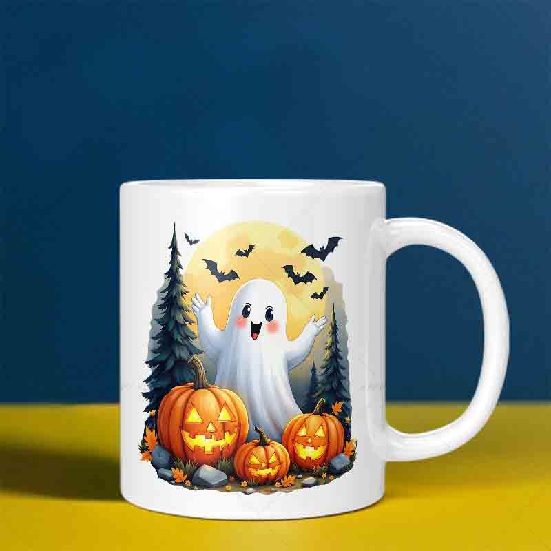 Tailorly White Ceramic 11 oz Mug - Halloween Night With Glowing Jack O Lanterns Under Full Moon And Bats Ghost
