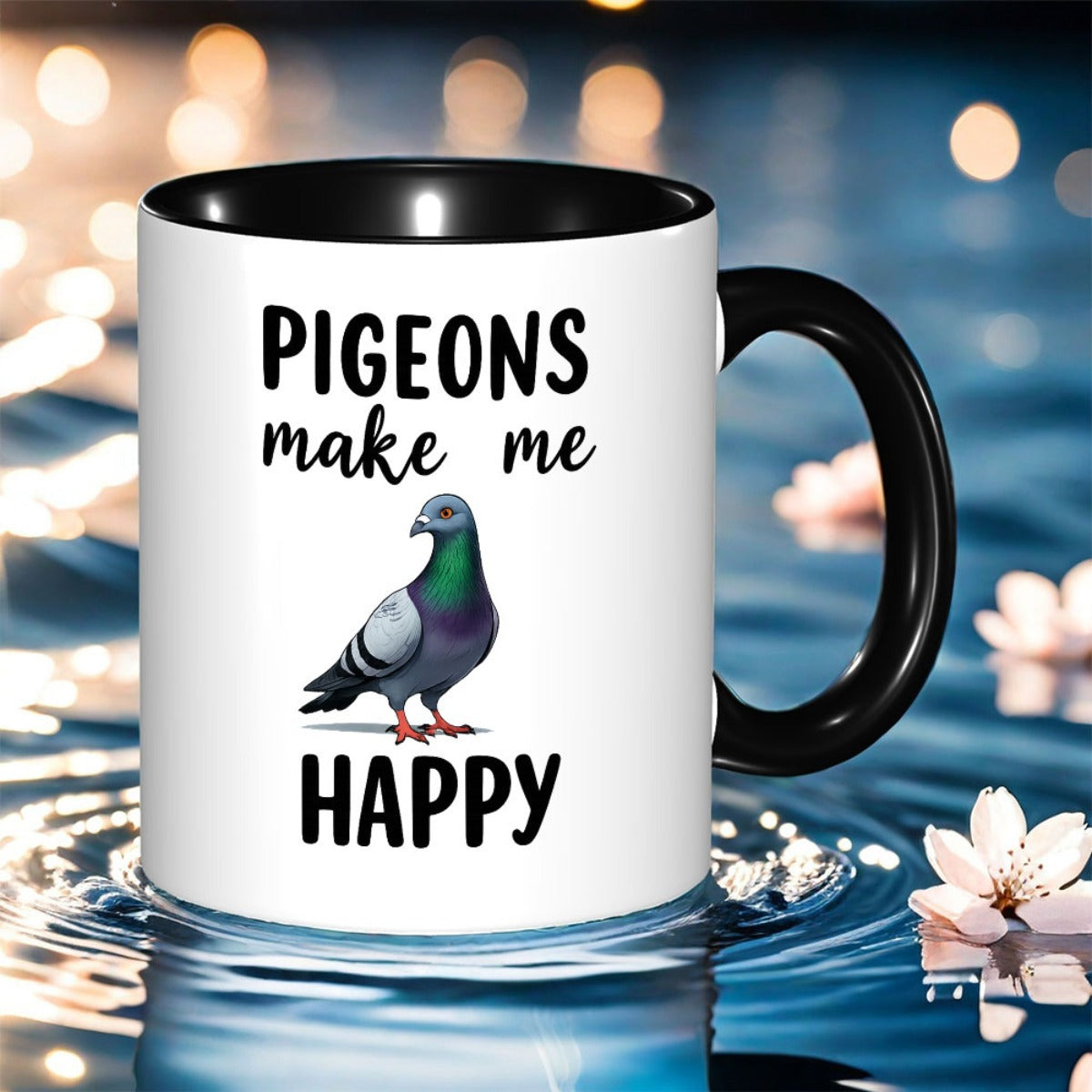 Tailorly Black Accent 11 oz Mug - pigeons and the word "joy"