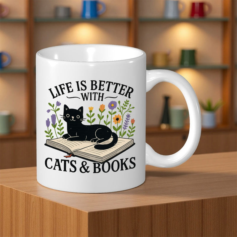 Tailorly White Ceramic 11 oz Mug - Life Is Better With Cats Books Adorable Black Feline Resting On Open Pages Among Wildflowers Cat