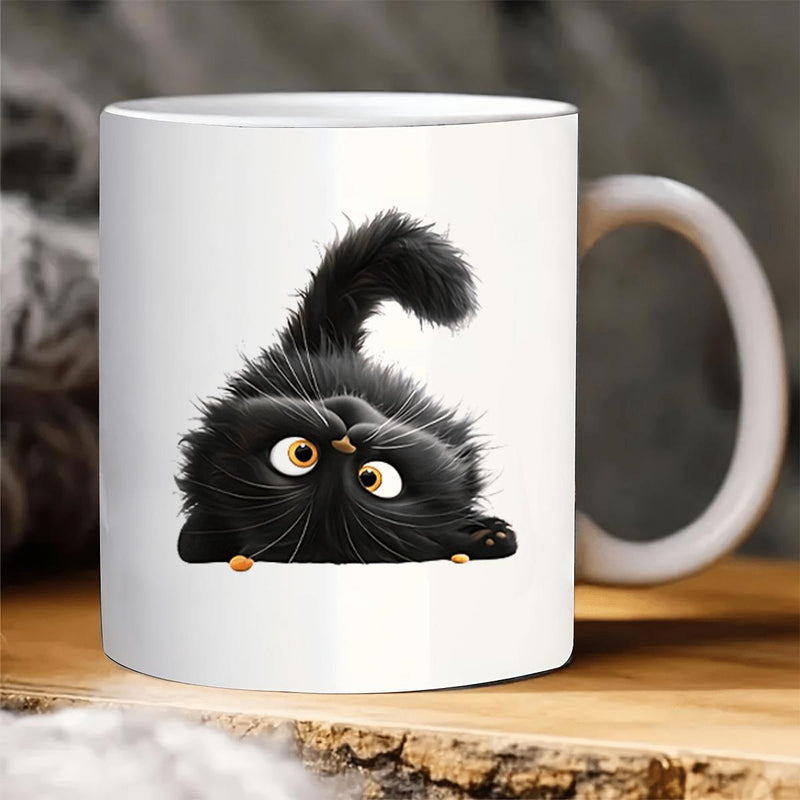 Tailorly White Ceramic 11 oz Mug - Fluffy Black Feline Peeking Over Edge With Large Expressive Eyes Cat