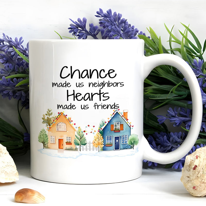Tailorly White Ceramic 11 oz Mug - Chance Made Us Neighbors Hearts Made Us Friends Two Cozy Watercolor Cottages Nestled Among Lush Green Trees House