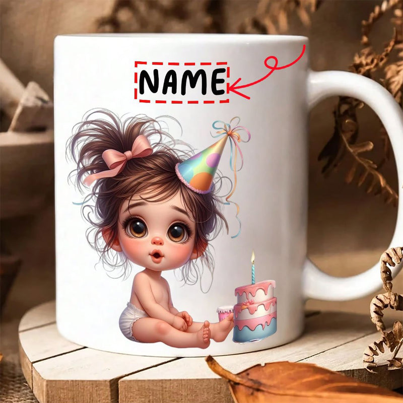 Tailorly White Ceramic 11 oz Mug - Name Adorable Baby Girl Wearing Party Hat Sitting Beside Birthday Cake Baby