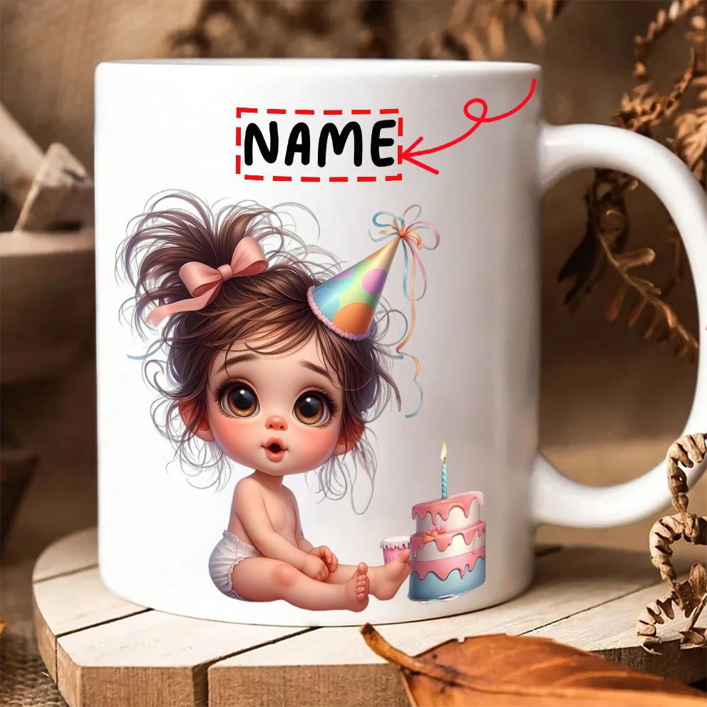 Tailorly White Ceramic 11 oz Mug - Name Adorable Baby Girl Wearing Party Hat Sitting Beside Birthday Cake Baby