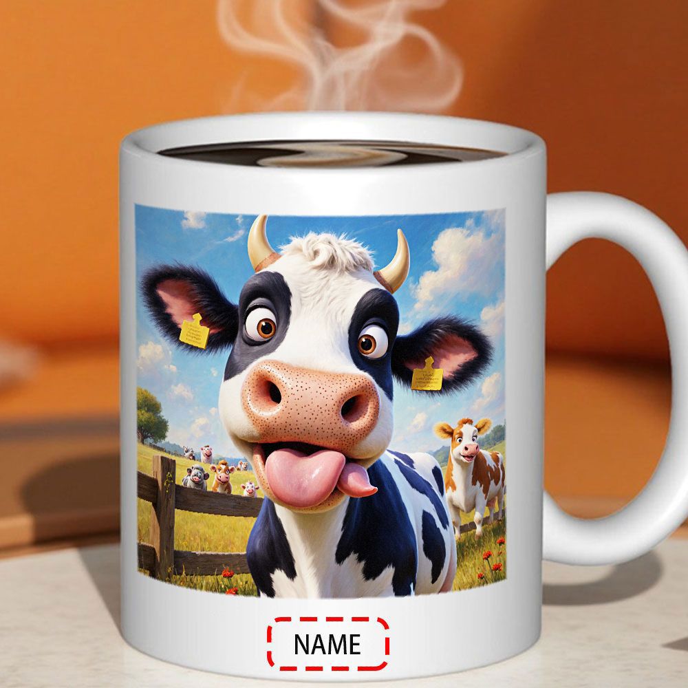 Tailorly White Ceramic 11 oz Mug - Name Funny Spotted Cartoon Sticking Out Tongue In Lush Farm Meadow Cow