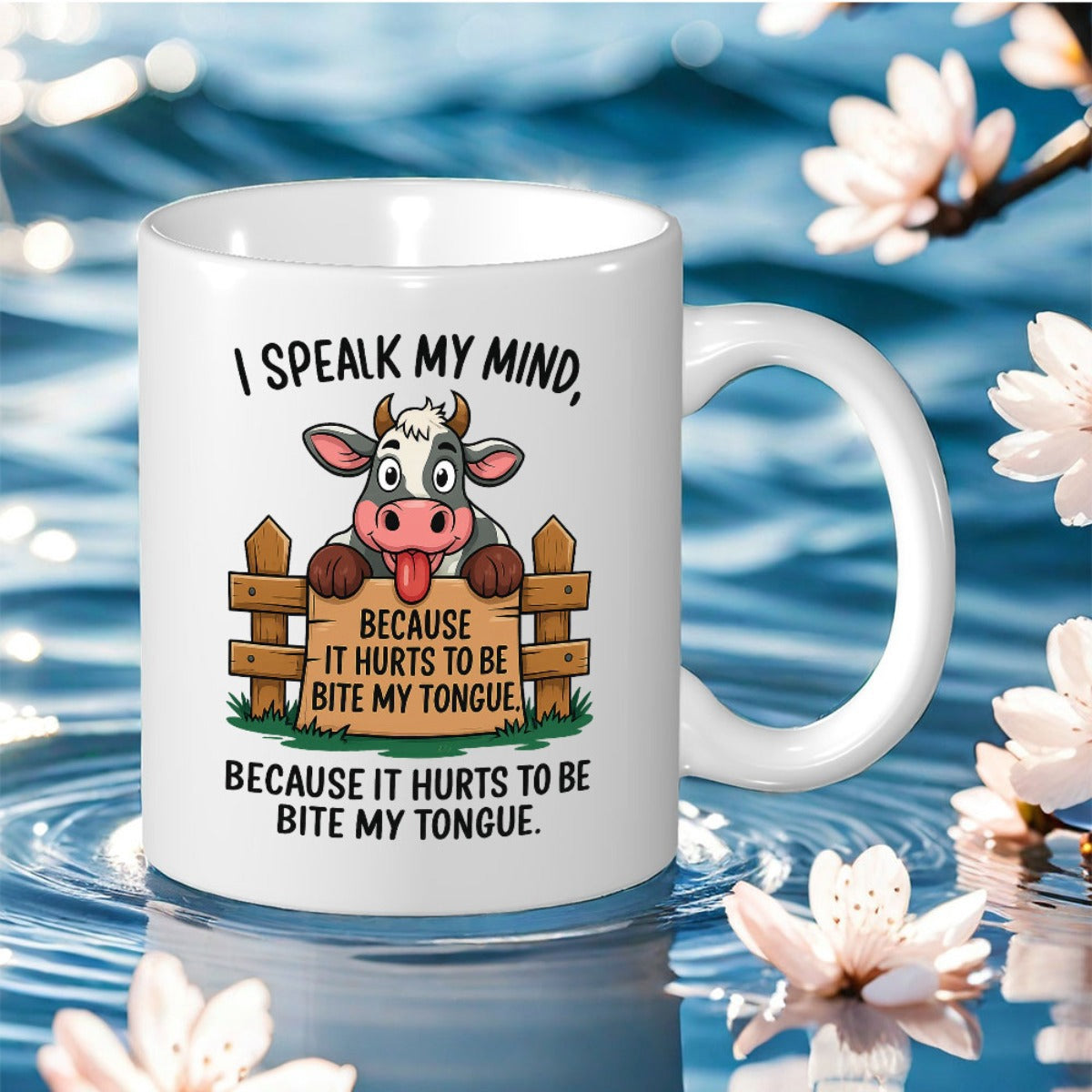 Tailorly White Ceramic 11 oz Mug - I Speak My Mind Because It Hurts To Be Bite My Tongue Playful Cartoon Cow Leaning Over Rustic Wooden Fence Cow