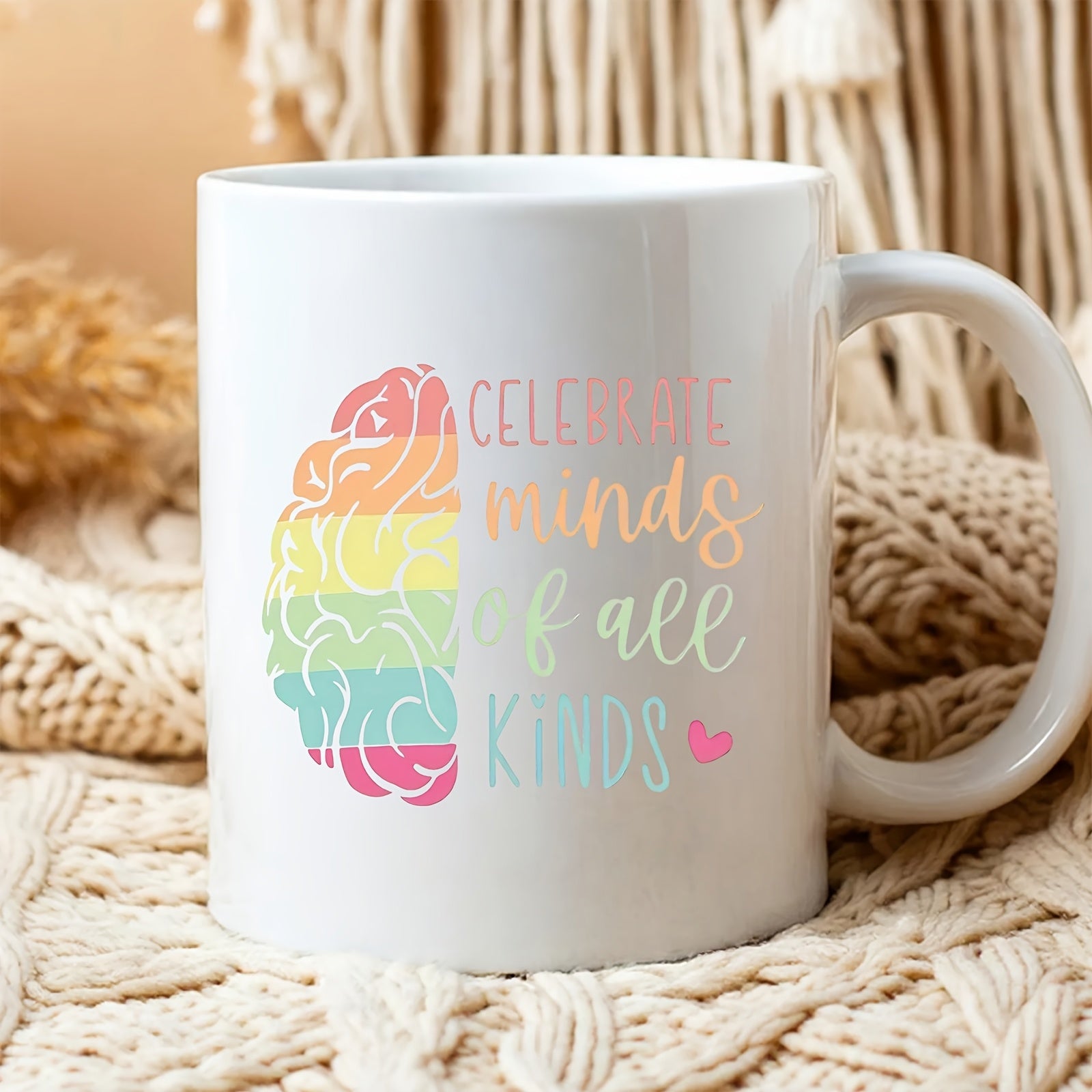 Tailorly White Ceramic 11 oz Mug - Celebrate Minds Of All Kinds Colorful Rainbow Stripes Forming A Human Brain Silhouette With Heart Brain
