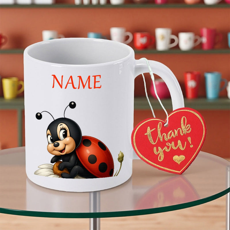 Tailorly White Ceramic 11 oz Mug - Name Thank You Cute Smiling Cartoon Ladybug Sitting Peacefully On Top Of White Daisy Ladybug