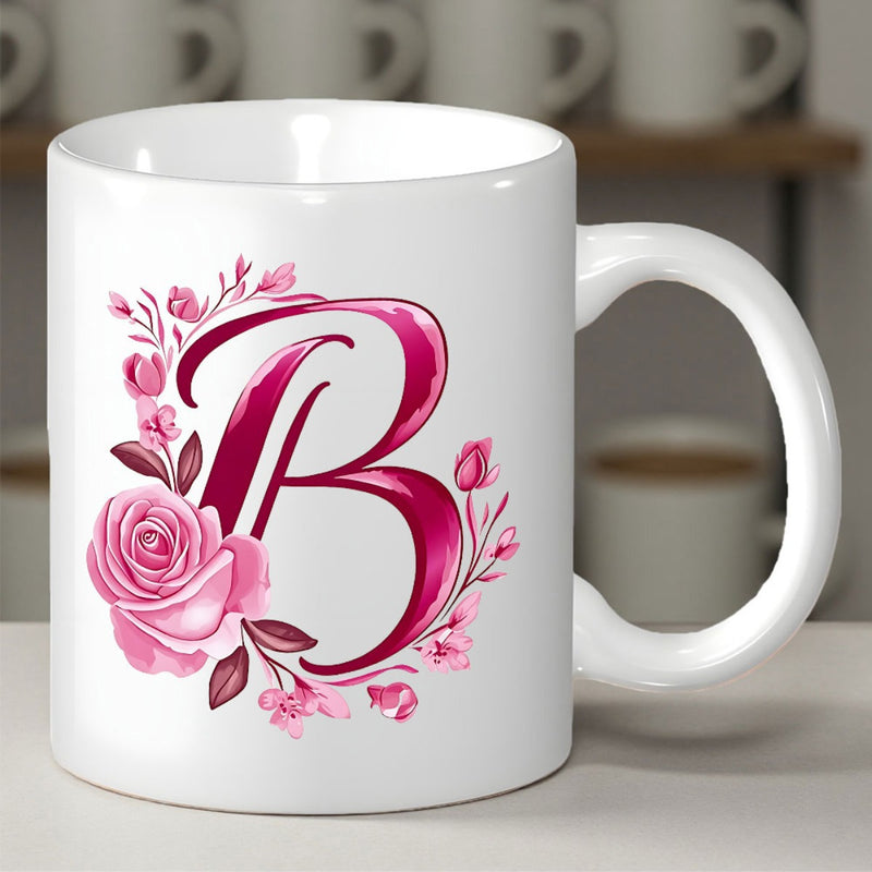 Tailorly White Ceramic 11 oz Mug - B Elegant Magenta Stylized Typography Intertwined With Blooming Pink Roses Floral Letter