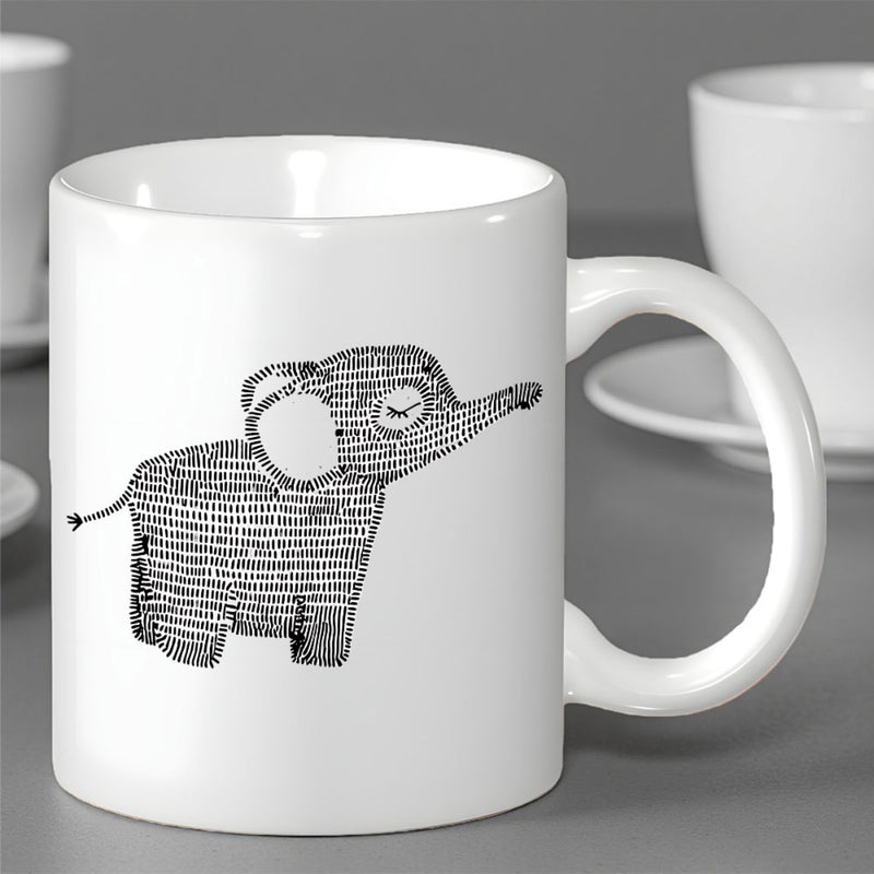 Tailorly White Ceramic 11 oz Mug - Minimalist Hand Drawn Sketch Featuring Parallel Horizontal Lines Forming A Cute Elephant