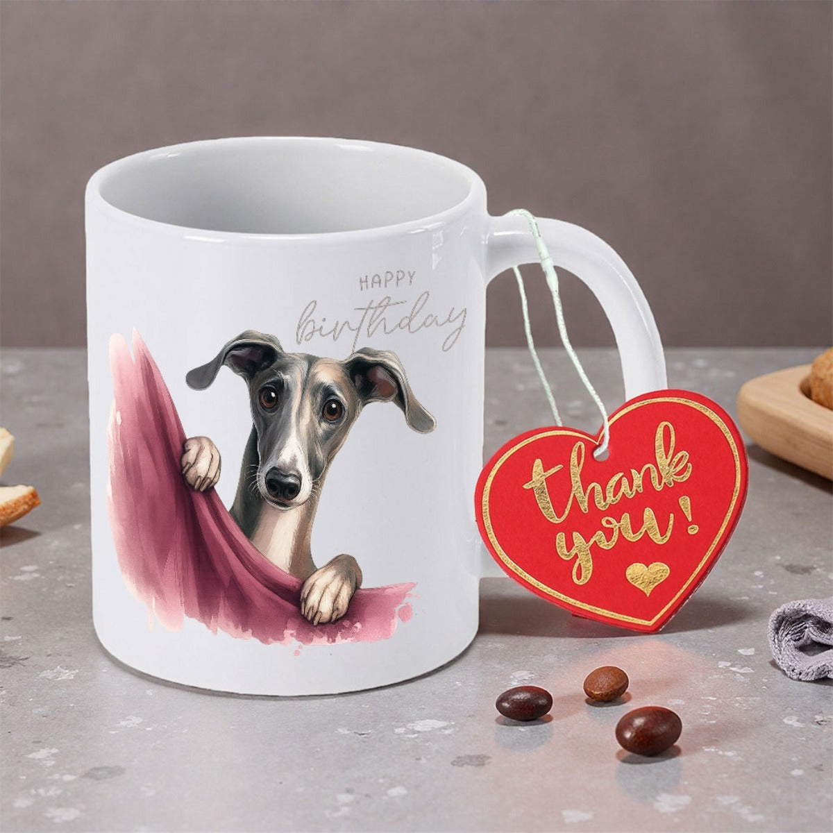 Tailorly White Ceramic 11 oz Mug - Happy Birthday Adorable Peeking Dog Behind Soft Purple Curtain Illustration Watercolor Greyhound