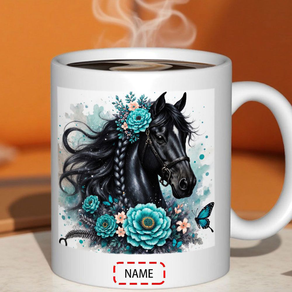 Tailorly White Ceramic 11 oz Mug - Name Majestic Black Stallion Among Teal Flowers And Butterfly Horse