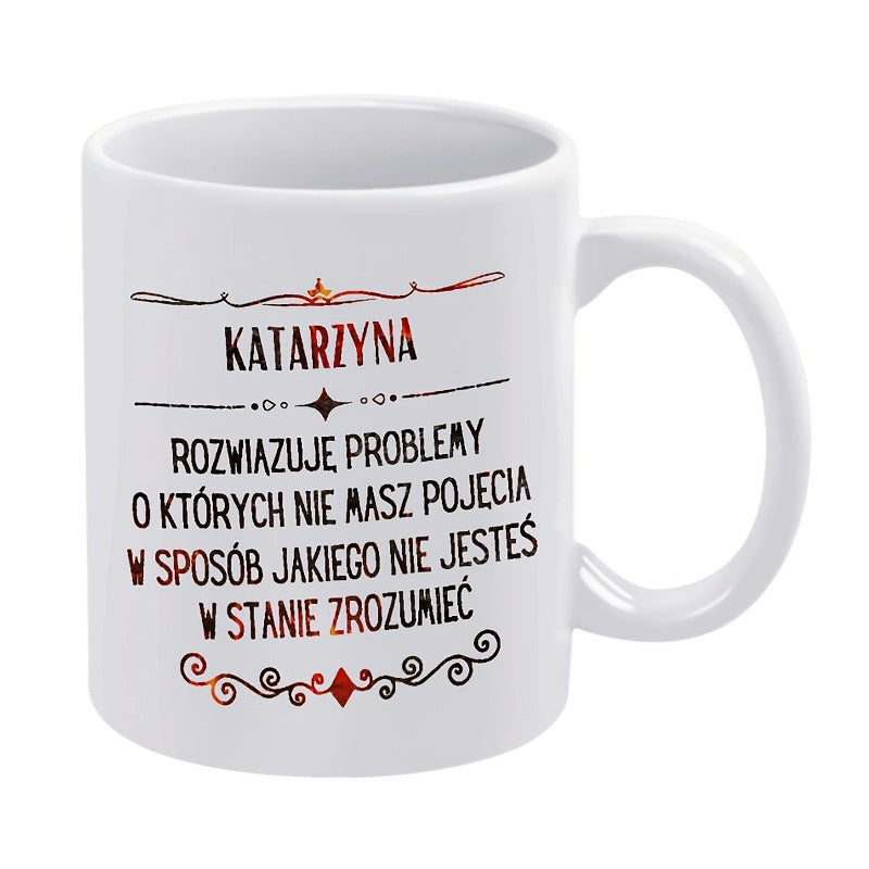 Tailorly White Ceramic 11 oz Mug - Elegant Symmetrical Scrollwork With Minimalist Lines And Red Diamond Pattern Mug