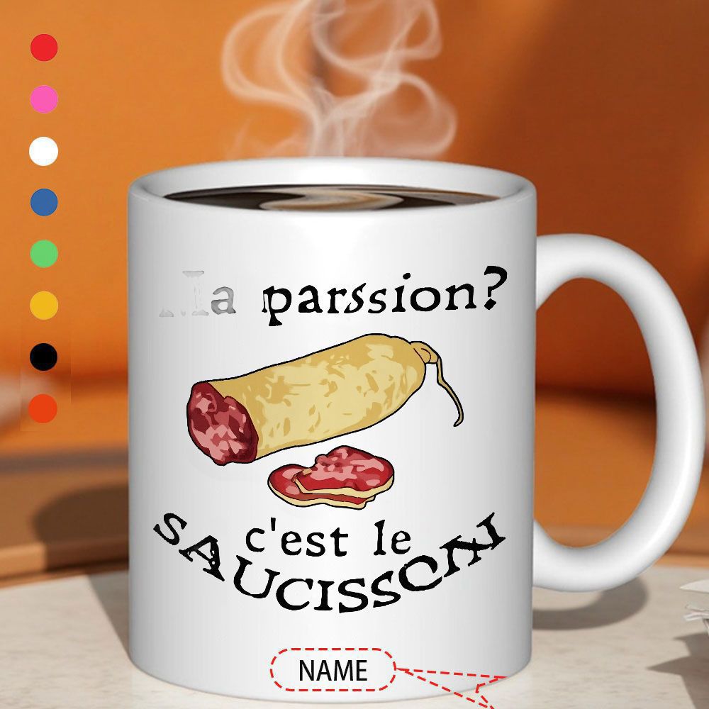 Tailorly White Ceramic 11 oz Mug - Rustic Hand Drawn Sliced French Dry Cured Meat On Plain Sausage